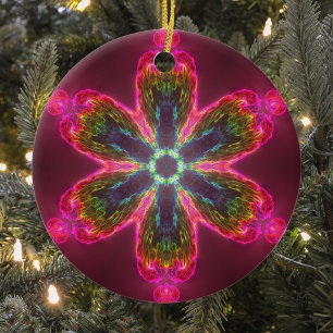 Psychedelic Kaleidoscope Flower Green and Pink Ceramic Tree Decoration