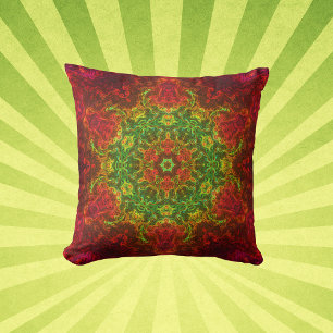 Psychedelic Kaleidoscope Flower Green and Red Cushion