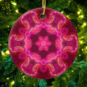 Psychedelic Kaleidoscope Flower Pink Red and Green Ceramic Tree Decoration