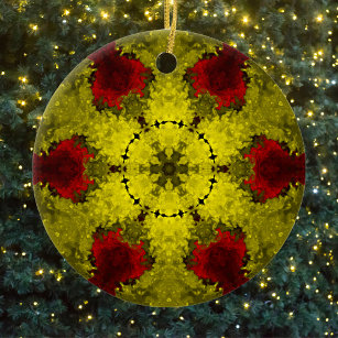 Psychedelic Kaleidoscope Flower Red and Yellow Ceramic Tree Decoration