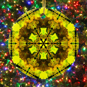 Psychedelic Kaleidoscope Flower Yellow and Green  Ceramic Tree Decoration