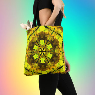 Psychedelic Kaleidoscope Flower Yellow and Green Tote Bag
