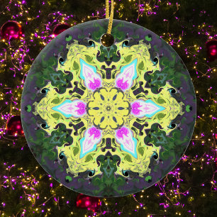 Psychedelic Kaleidoscope Flower Yellow and Pink Ceramic Tree Decoration