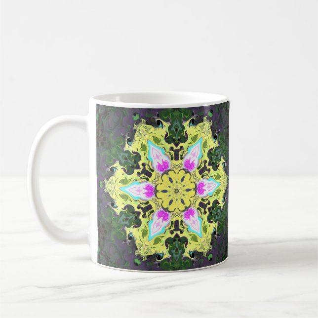 Psychedelic Kaleidoscope Flower Yellow and Pink Coffee Mug (Left)