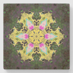 Psychedelic Kaleidoscope Flower Yellow and Pink Stone Coaster