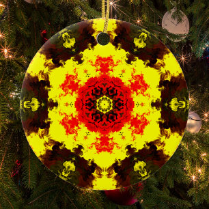 Psychedelic Kaleidoscope Flower Yellow and Red Ceramic Tree Decoration