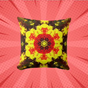 Psychedelic Kaleidoscope Flower Yellow and Red Cushion