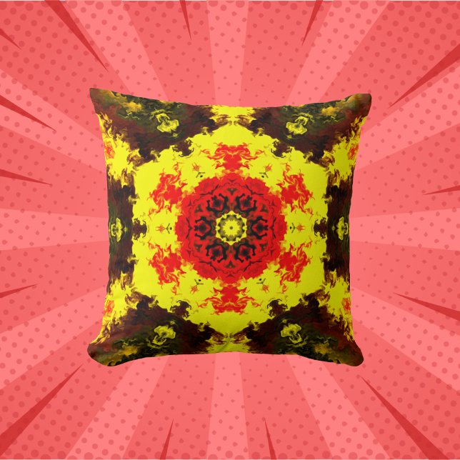 Psychedelic Kaleidoscope Flower Yellow and Red Cushion (Creator Uploaded)