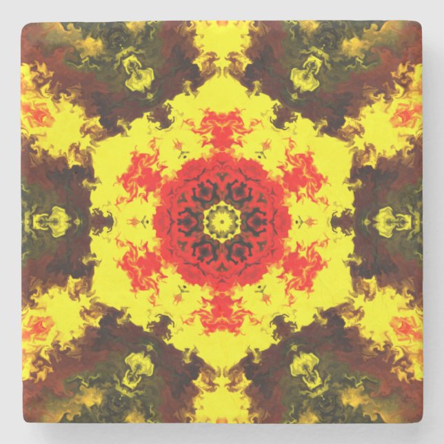 Psychedelic Kaleidoscope Flower Yellow and Red Stone Coaster (Front)