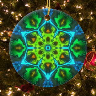 Psychedelic Kaleidoscope Green Blue and Orange Ceramic Tree Decoration