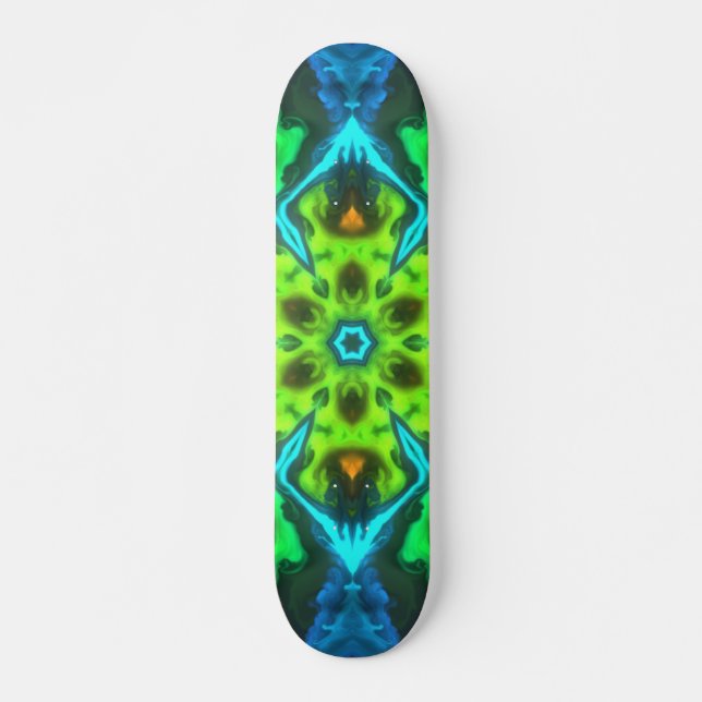 Psychedelic Kaleidoscope Green Blue and Orange Skateboard (Front)