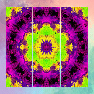 Psychedelic Kaleidoscope Green Yellow and Purple Triptych