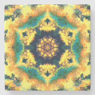 Psychedelic Kaleidoscope Yellow Blue and Green Stone Coaster