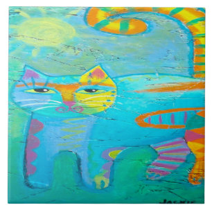 Psychedelic Kitty Abstract Cat Painting Tile
