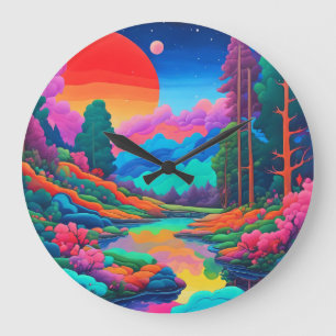 Psychedelic landscape pink green art  large clock
