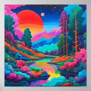Psychedelic landscape pink green art  poster