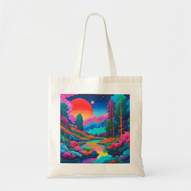 Psychedelic landscape pink green art  tote bag (Front)
