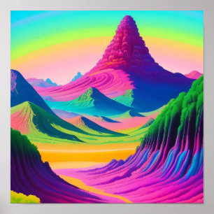 Psychedelic Landscape Pink Green Mountain Art Poster