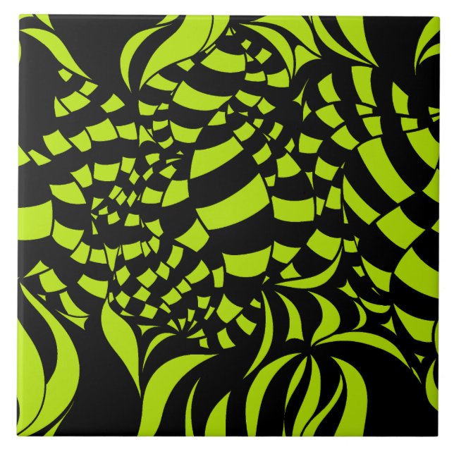 Psychedelic Lime Green and Black pattern Tile (Front)