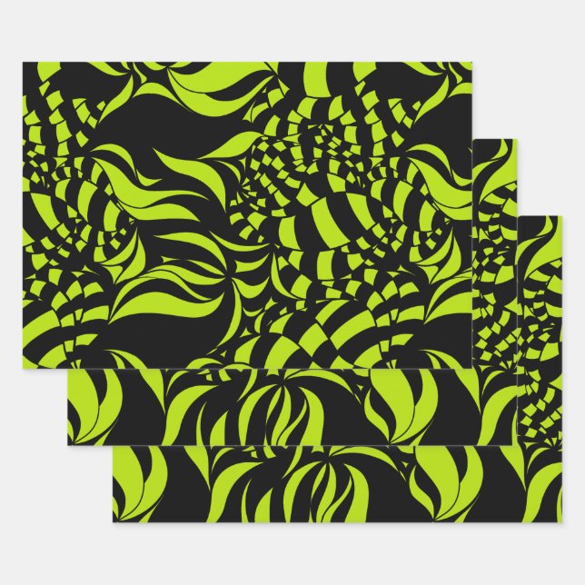 Psychedelic Lime Green and Black pattern Wrapping Paper Sheet (Set)