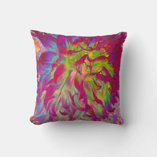 Psychedelic Magenta and Yellow Dahlia Flower Cushion (Front)