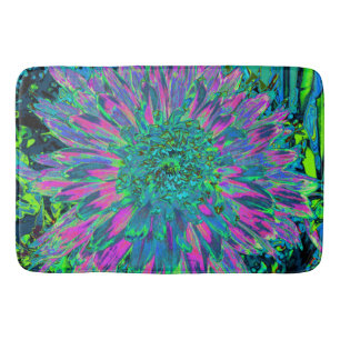 Psychedelic Magenta Aqua and Lime Green Dahlia Bath Mat
