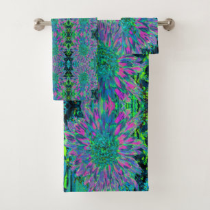 Psychedelic Magenta, Aqua and Lime Green Dahlia Bath Towel Set