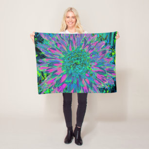 Psychedelic Magenta Aqua and Lime Green Dahlia Fleece Blanket