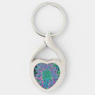 Psychedelic Magenta, Aqua and Lime Green Dahlia Key Ring