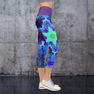 Psychedelic Mandala Flower Blue Green and Purple Capri Leggings