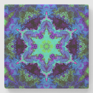 Psychedelic Mandala Flower Blue Green and Purple Stone Coaster