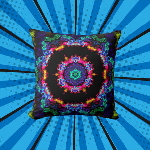 Psychedelic Mandala Flower Blue Green and Yellow Cushion