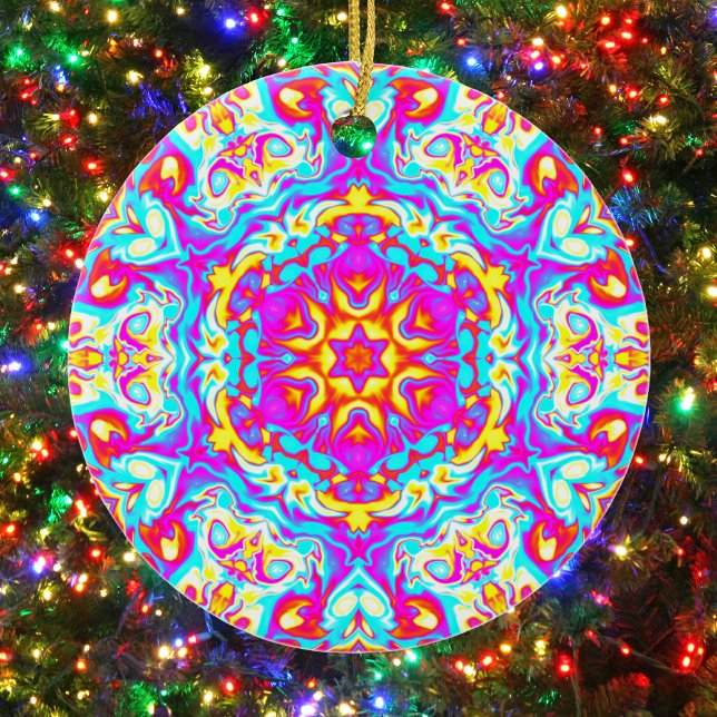 Psychedelic Mandala Flower Blue Pink and Yellow Ceramic Tree Decoration (Creator Uploaded)