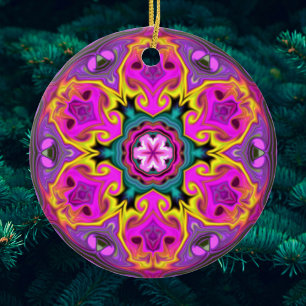 Psychedelic Mandala Flower Blue Pink and Yellow Ceramic Tree Decoration