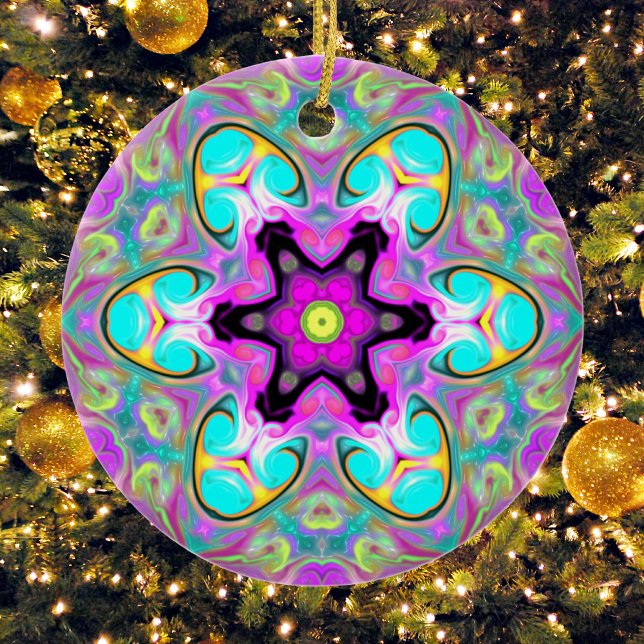 Psychedelic Mandala Flower Blue Pink and Yellow Ceramic Tree Decoration (Creator Uploaded)