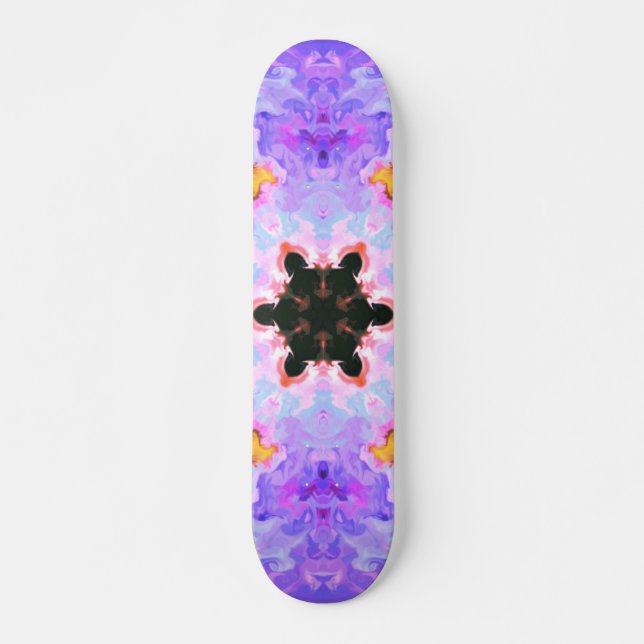 Psychedelic Mandala Flower Blue Pink and Yellow Skateboard (Front)