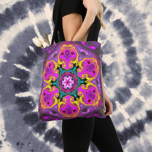 Psychedelic Mandala Flower Blue Pink and Yellow Tote Bag