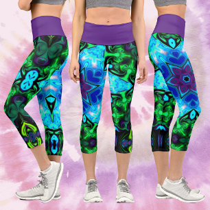 Psychedelic Mandala Flower Blue Purple and Green Capri Leggings