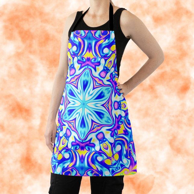 Psychedelic Mandala Flower Blue Purple and Yellow Apron (Creator Uploaded)
