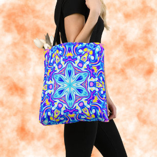 Psychedelic Mandala Flower Blue Purple and Yellow Tote Bag