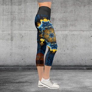 Psychedelic Mandala Flower Blue Yellow and Orange Capri Leggings