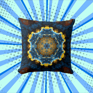 Psychedelic Mandala Flower Blue Yellow and Orange Cushion