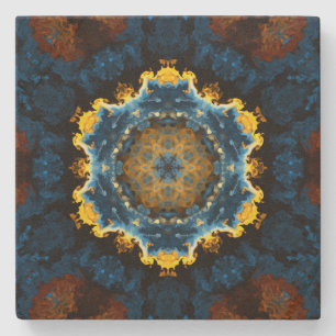 Psychedelic Mandala Flower Blue Yellow and Orange Stone Coaster