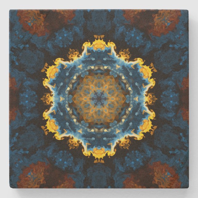Psychedelic Mandala Flower Blue Yellow and Orange Stone Coaster (Front)