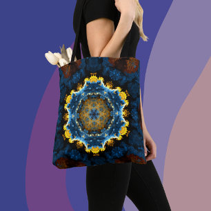 Psychedelic Mandala Flower Blue Yellow and Orange Tote Bag