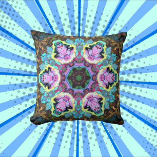 Psychedelic Mandala Flower Blue Yellow and Pink Cushion