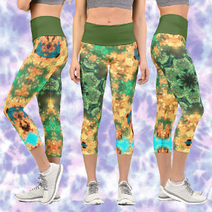 Psychedelic Mandala Flower Green and Yellow Capri Leggings