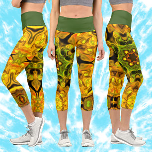 Psychedelic Mandala Flower Green and Yellow Capri Leggings