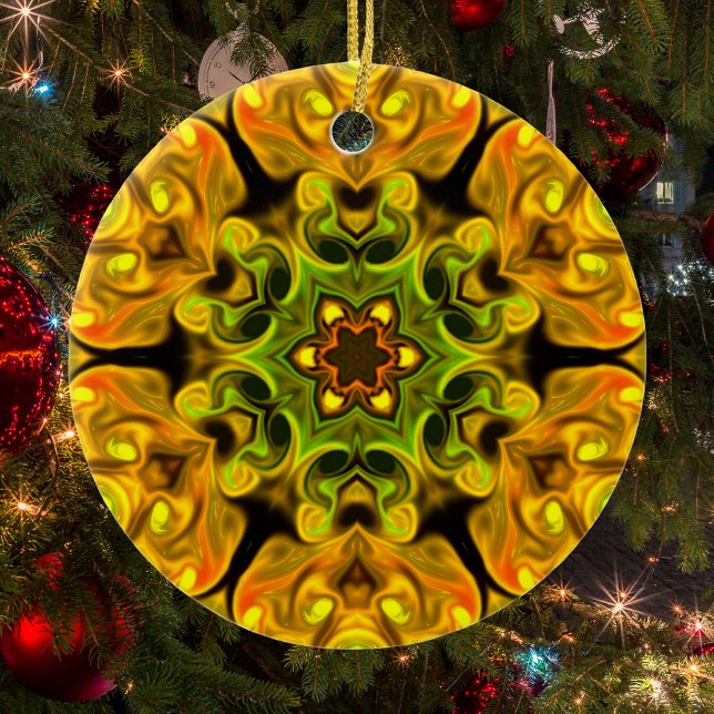 Psychedelic Mandala Flower Green and Yellow Ceramic Tree Decoration (Creator Uploaded)