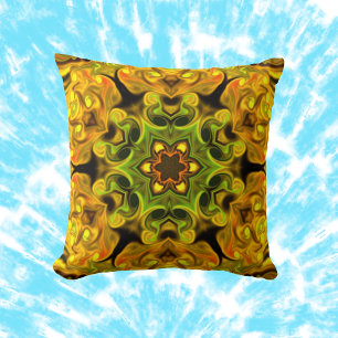 Psychedelic Mandala Flower Green and Yellow Cushion